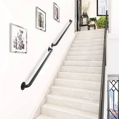 2 Pack 12 Inch Black Industrial Pipe Handrails For Indoor Outdoor Stairs And Decks, Heavy Duty Iron Banister Rail, installed on stairs