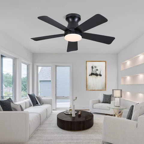 41 Inch Black Low Profile Ceiling Fan With Lights And Remote Modern Flush Mount Ceiling Fan With Ultra Quiet Reversible DC Motor