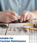 Person using Six Piece Mini Precision Screwdriver Set With Flathead And Phillips Bits For Watches, Jewelry, Eyeglasses, Toys, Computers, And Electronics Repairs, Built Tough With Rust Resistant Black Oxide Shafts, Compact Handy Kit For Quick Fixes at workbench.
