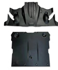 Crush Proof Hydroformed Aluminum Skid Plates For Tesla Model Y Front And Rear With Thick Acoustic Foam To Zero Out Road Noise And Shield Critical Axles During Rough Drives 2020 To 2025 showing top and bottom views of durable protective panels.
