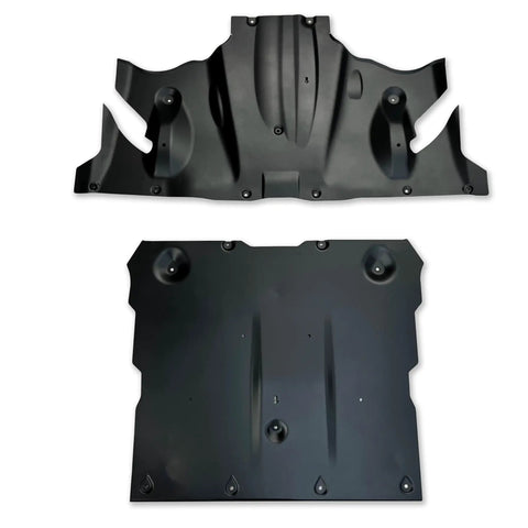 Built Tough Rear Skid Plates For Tesla Model Y Featuring Hydroformed Aluminum Guard With Urethane Padding That Squashes Road Buzz And Shields Your Axles From Debris Straight Bolt Up 2020 Plus Crossovers, showing top and bottom view.