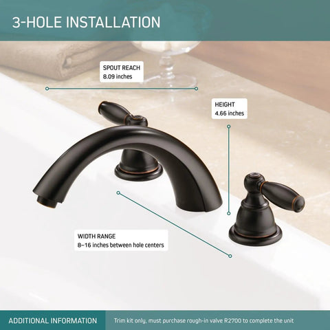 Claymore Two-Handle Widespread Roman Tub Faucet Trim Kit In Oil-Rubbed Bronze PTT298696-OB Valve Not Included, showing 3-hole installation.
