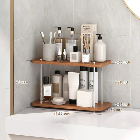 Two Tier Adjustable Bathroom Counter Organizer For Vanity, Sink And Kitchen Corners with toiletries on corner countertop