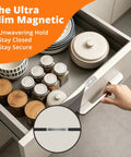 Ultra Thin Magnetic Cabinet Door Catches With 24 Strong Adhesive Strips for a Quiet No Slam Closure holding kitchen drawer closed
