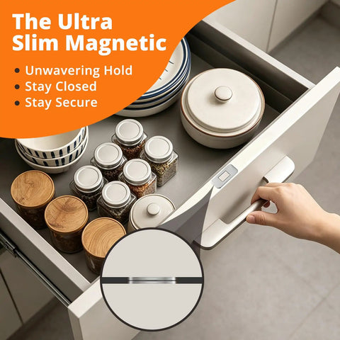 Ultra Thin Magnetic Cabinet Door Catches With 24 Strong Adhesive Strips for a Quiet No Slam Closure holding kitchen drawer closed