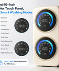 Super Compact Dual Tank Mini Washing Machine With Auto Wash And Dry Settings Ideal For Dorm Life And Studio Apartments showing dual 10-inch touch panel with 10 smart modes.