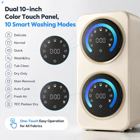 Super Compact Dual Tank Mini Washing Machine With Auto Wash And Dry Settings Ideal For Dorm Life And Studio Apartments showing dual 10-inch touch panel with 10 smart modes.