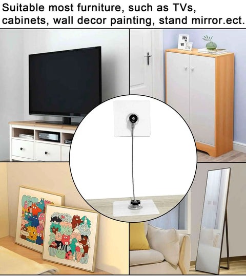Heavy Duty Stainless Steel No Drill Furniture Straps to Securely Anchor Bookshelves and TVs Against Tipping for Toddler Safety without Damaging Walls Featuring Rock Solid Adhesive Backing Plus Quick Setup, showing applied use with various furniture.
