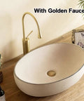 Retro Oval Ceramic Vessel Sink for Bathroom Vanity with golden faucet on wooden countertop, 22.8x15.7x5.1 in