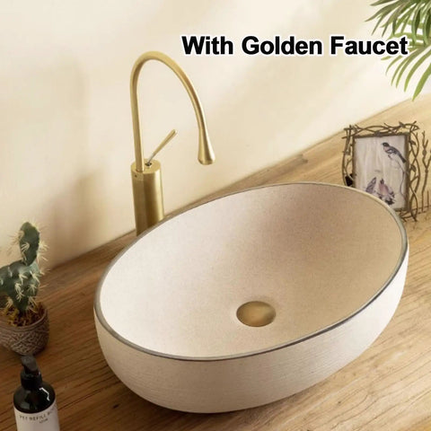 Retro Oval Ceramic Vessel Sink for Bathroom Vanity with golden faucet on wooden countertop, 22.8x15.7x5.1 in