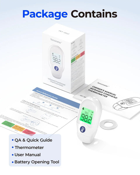 Forehead Thermometer For Adults And Kids Portable Mini Digital Thermometer With One Second High Precision Sensor Medical Grade Chip Instant Readings And Ten Readings Memory For Simple Health Tracking package contents with manual and battery tool