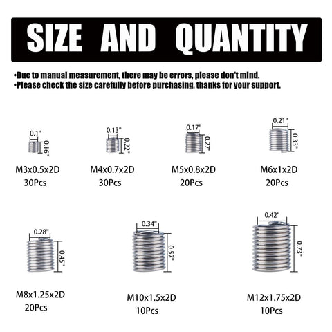 Size chart of Heavy Duty Pro Grade Wire Thread Repair Inserts Kit 304 Stainless Steel Assortment M3 Through M12 Helicoil Style