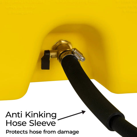 Duramax 14 Gallon Wheeled Diesel Fuel Transfer Tank with Spout Pump, yellow container close-up with anti-kinking hose sleeve