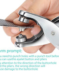 Close-up of DIY Grommet Eyelet Pliers Kit With 300 Metal Eyelets for Belts Shoes Clothes and Leather Projects, showing eyelet installation.