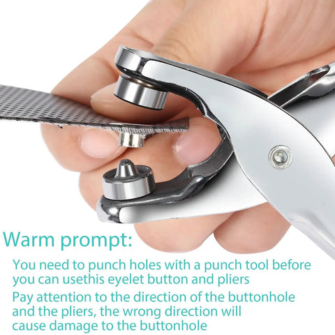Close-up of DIY Grommet Eyelet Pliers Kit With 300 Metal Eyelets for Belts Shoes Clothes and Leather Projects, showing eyelet installation.