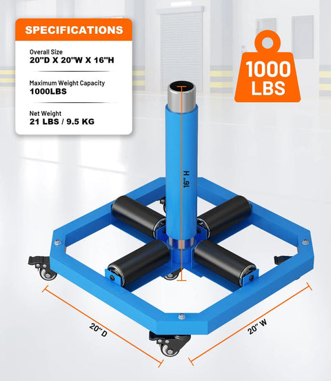 Heavy Duty Cable Reel Turntable For Cord Storage And Dispenser Industrial Steel Wire Rack Caddy For Reels Commercial Grade Cable Organizer 1000 Lb Capacity Durable Metal Construction, shown with specifications in a warehouse setting.