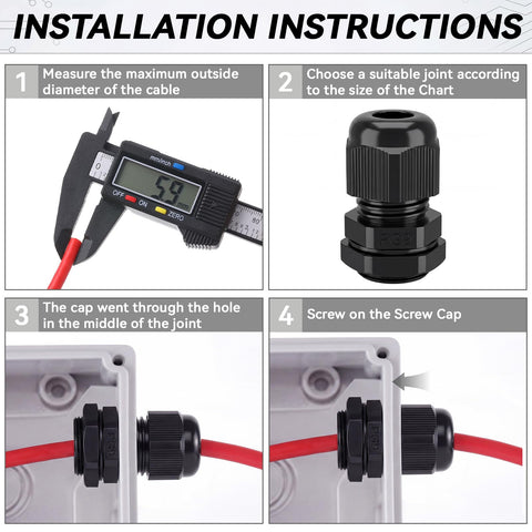 Installation instructions for 60 Piece Waterproof Cable Gland Kit With IP68 Rating showing PG9 connector process.