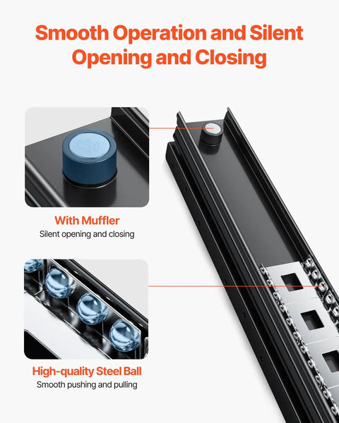 Close-up of Beefy Undermount Drawer Slides Set 16 24 32 40 Inch Full Extension Ball Bearing 260 lb Load Black Cabinet Rails with muffler and steel ball.