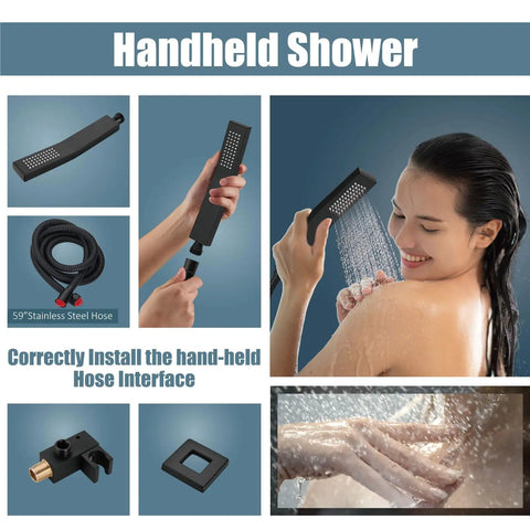 Rainfall Shower System With 8 Inch Matte Black Shower Head Tub Filler Handheld Spray Wall Mount Mixer Faucet Rough In Valve Included