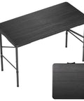 4 Foot Folding Table With Wood Grain Desktop Heavy Duty Portable Indoor Outdoor Table 350 Lb Weight Capacity Ideal For Camping Picnics Barbecues And Parties, shown open and folded.