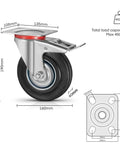 Smooth Gliding Heavy Duty Caster Wheels, 200mm Tpr Rubber with foot brake, showing dimensions and design for workbenches.