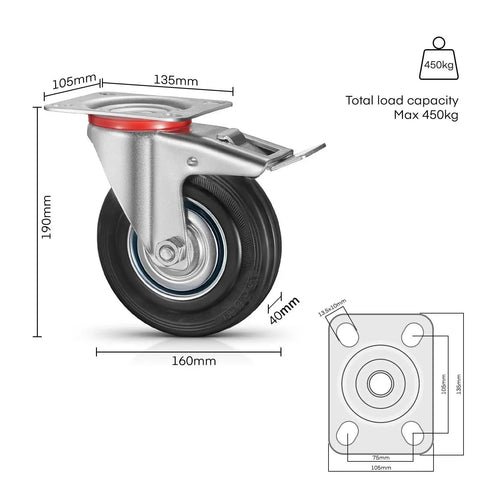 Smooth Gliding Heavy Duty Caster Wheels, 200mm Tpr Rubber with foot brake, showing dimensions and design for workbenches.