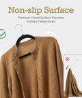 Black Velvet Non Slip Hangers 60 Pack Heavy Duty Clothes Hangers with Premium Slim Design holding a brown sweater against a non-slip surface diagram