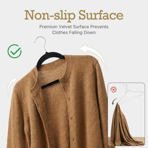 Black Velvet Non Slip Hangers 60 Pack Heavy Duty Clothes Hangers with Premium Slim Design holding a brown sweater against a non-slip surface diagram