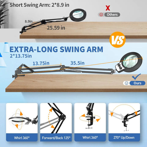 Comparison of Ultra Long Magnifying Glass With Light And Clamp 35.5 Inch Reach Swing Arm Workbench Light Hands Free LED Magnifier Stand and short swing arm.