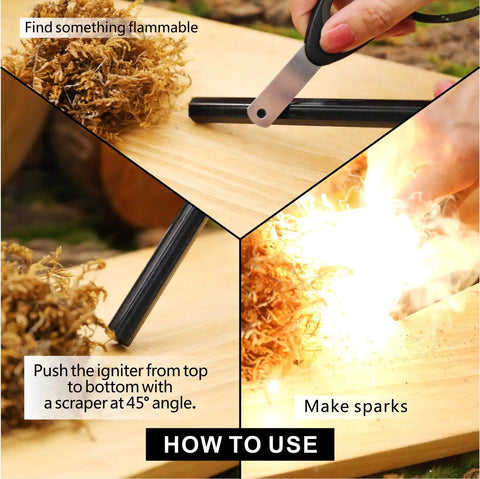 Three-step guide using Six Inch Ferro Rod Fire Starter Kit With Paracord Lanyard Handle And Striker, Heavy Duty Survival Tool For Hiking And Camping, Up To 20,000 Strikes Great For Emergency Preparedness And Outdoor Adventures.