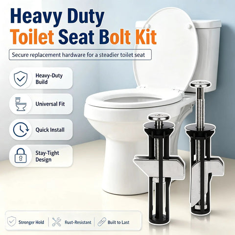 Universal Toilet Seat Bolts Replacement Kit With Stainless Steel Heavy Duty Toilet Lid Screws Washers And Lock Nuts For Top Mount Lids Fits Most Standard Elongated Toilets Rust Resistant And Breezy To Install. toilet seat bolt kit on white toilet, stainless steel bolts shown