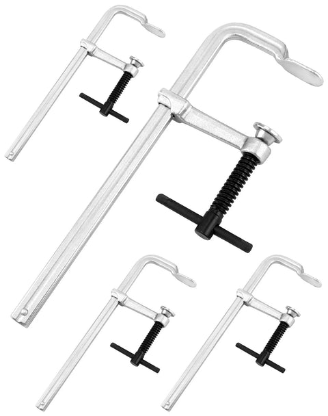 Heavy Duty 8 Inch F Clamp Four Pack With Drop Forged Bar Jaws Two And A Quarter Inch Throat Depth Corrosion Resistant Nickel Chrome Finish Rail Spindle And Handle Built For Pros, four clamps