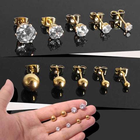 Allergen Free Stainless Steel Stud Earrings Set For Women, 10 Pairs Including Five 316L Ball Studs And Five 5A Plus Cubic Zirconia Pairs, Hypoallergenic Surgical Grade, 3mm Size, Everyday Sparkle You Can Rock. Gold-tone stud earrings set with ball and CZ pairs in sizes 3-8mm
