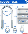 Heavy Duty Trailer U Bolt Kit For 3500 Lb Axles Two Three Eighths Inch Round Eight Piece Set Six And One Quarter Inch Long One Half Inch Diameter With 20 Threads Per Inch For Leaf Spring Mounting On Trailers diagram with sizes.