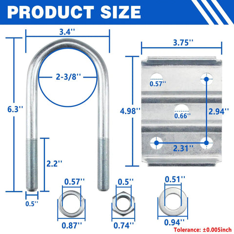 Heavy Duty Trailer U Bolt Kit For 3500 Lb Axles Two Three Eighths Inch Round Eight Piece Set Six And One Quarter Inch Long One Half Inch Diameter With 20 Threads Per Inch For Leaf Spring Mounting On Trailers diagram with sizes.