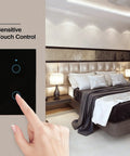 WiFi Smart Touch Light Switch 2 Gang US Standard Black Tempered Glass Panel With Timer Function in bedroom setting