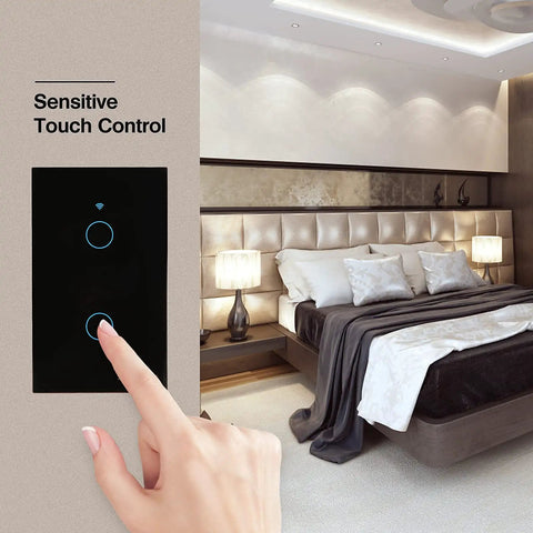 WiFi Smart Touch Light Switch 2 Gang US Standard Black Tempered Glass Panel With Timer Function in bedroom setting