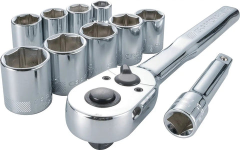 Three Eighths Inch Drive Socket Set With Ratchet, 11 Piece Metric Sockets In Case, 72 Tooth Ratchet, chrome finish