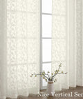 Ivory Sheer Curtains Two Panel Set For Bedroom Or Living Room, Light Filtering Soft Tufted Texture, Leaf Pattern, installed