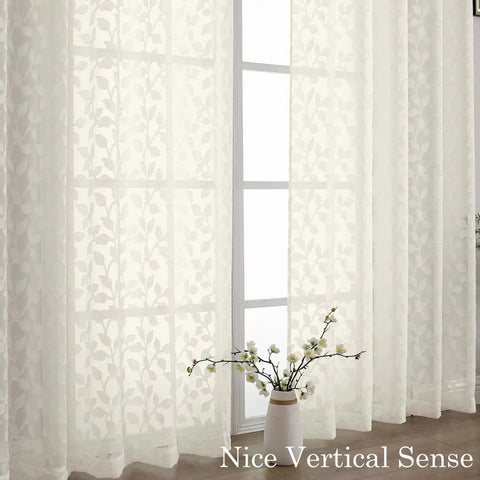 Ivory Sheer Curtains Two Panel Set For Bedroom Or Living Room, Light Filtering Soft Tufted Texture, Leaf Pattern, installed