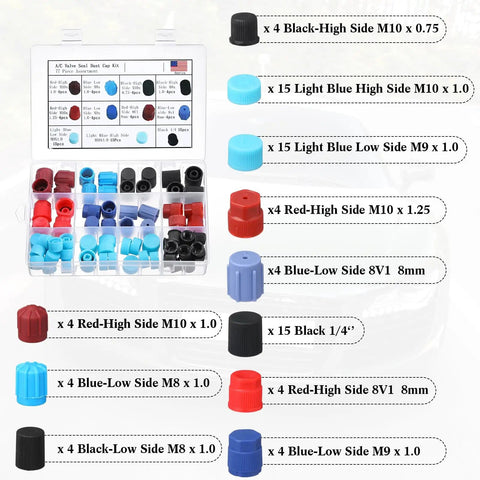 Air Conditioning Valve Core Kit With 270 O Rings, 60 Gasket Seals, 77 Dust Caps and 39 Valve Cores displayed with color-coded parts.