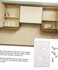 Six Piece Cabinet Hinge Repair Plates Kit With Screws Durable Furniture Fixing Plates For Quick Door Hinge Replacement visible with open cabinets and repair kit