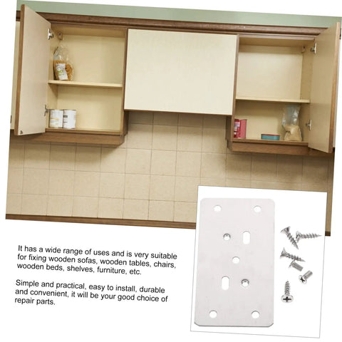 Six Piece Cabinet Hinge Repair Plates Kit With Screws Durable Furniture Fixing Plates For Quick Door Hinge Replacement visible with open cabinets and repair kit