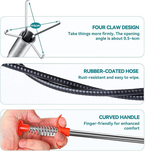 76 Inch Flexible Drain Snake Reacher Tool With Grabber Claw For Easy Clog Removal In Home Sinks Bathrooms Tubs Toilets And Tight Gutter Areas For Deep Cleaning In Tight Spaces