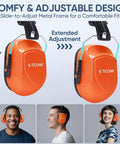 Bright Orange Adjustable Safety Earmuffs For Adults With Real Talk Comfort And Hearing Protection Noise Reduction NRR 26dB for Construction Work and Loud Environments shown in use on adults with adjustable metal frame.