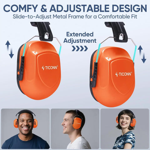 Bright Orange Adjustable Safety Earmuffs For Adults With Real Talk Comfort And Hearing Protection Noise Reduction NRR 26dB for Construction Work and Loud Environments shown in use on adults with adjustable metal frame.