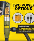 Portable Fuel Transfer Pump With Rubber Hose Battery Or USB C Powered Heavy Duty 4.3 Foot Hose Safety Nozzle showing power options