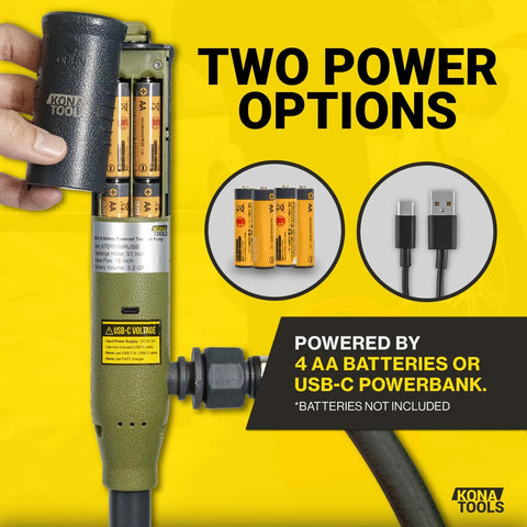 Portable Fuel Transfer Pump With Rubber Hose Battery Or USB C Powered Heavy Duty 4.3 Foot Hose Safety Nozzle showing power options