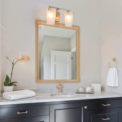 Gold Bathroom Vanity Light Fixture Dope 2 Light Modern Bath Lighting with White Frosted Glass Shades above a mirror in a bathroom