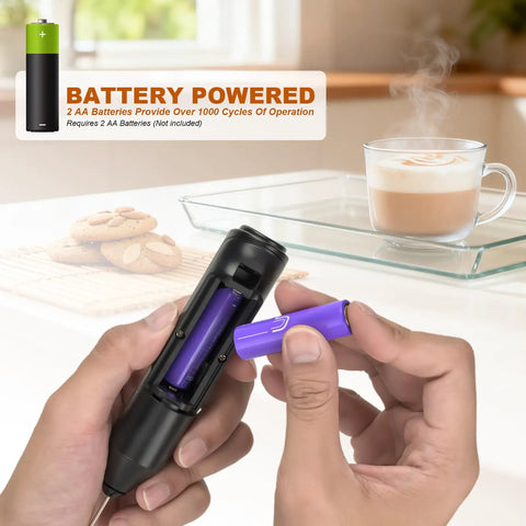 Handheld Milk Frother Battery Operated Electric Foam Maker Wand with Stainless Steel Whisk batteries being inserted
